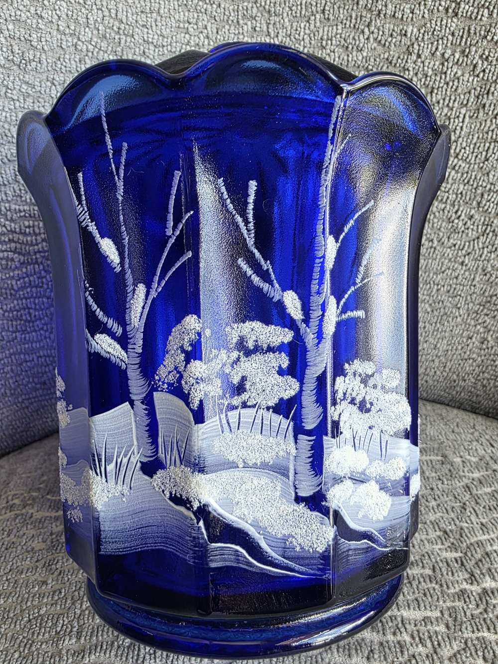RARE VTG Fenton Cobalt Blue Canaan Valley Candy Jar With Lid Signed Hand Painted - Picture 6 of 14